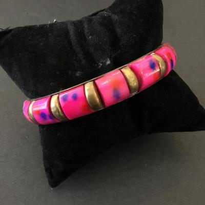 Vintage brass, and pink Lucite type bangle bracelet