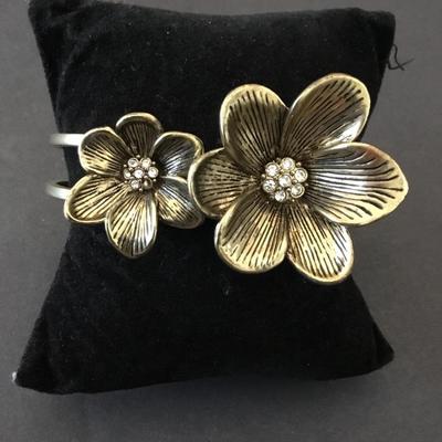 Bronze, toned, flower, rhinestone, hinged bracelet