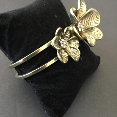 Bronze, toned, flower, rhinestone, hinged bracelet