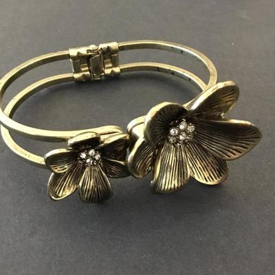 Bronze, toned, flower, rhinestone, hinged bracelet