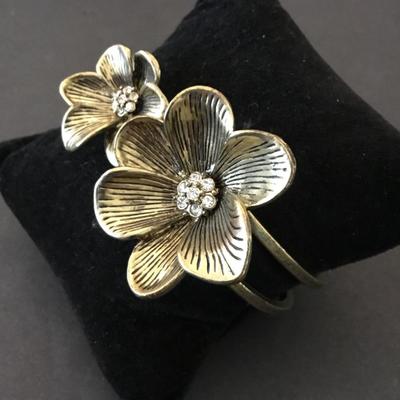 Bronze, toned, flower, rhinestone, hinged bracelet