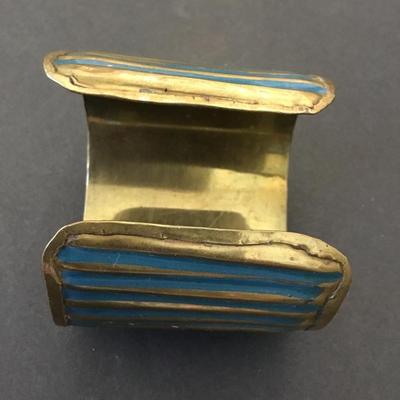 Vintage brass and turquoise blue enamel cuff bracelet