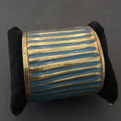 Vintage brass and turquoise blue enamel cuff bracelet