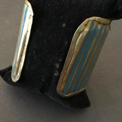 Vintage brass and turquoise blue enamel cuff bracelet