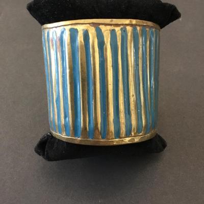 Vintage brass and turquoise blue enamel cuff bracelet