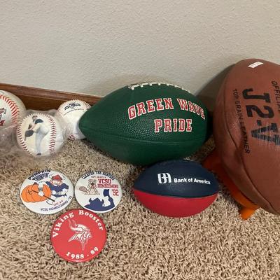 Footballs, baseball baseballs, and pins