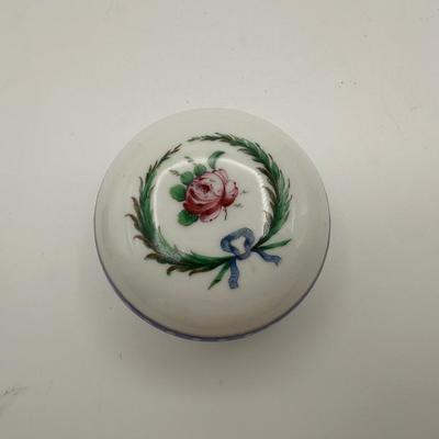 Richard Ginori Italy Hand-Painted Porcelain Box with Rose & Blue Ribbon