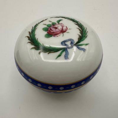 Richard Ginori Italy Hand-Painted Porcelain Box with Rose & Blue Ribbon