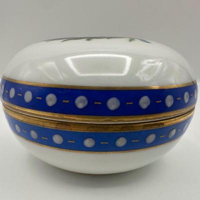 Richard Ginori Italy Hand-Painted Porcelain Box with Rose & Blue Ribbon