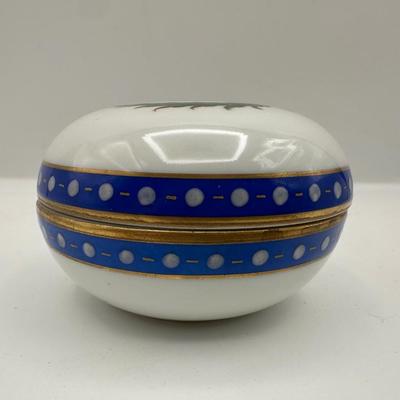 Richard Ginori Italy Hand-Painted Porcelain Box with Rose & Blue Ribbon