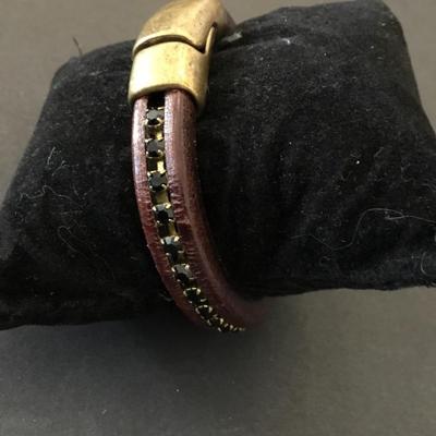 Leather, black, rhinestone, magnetic bracelet, bronze toned