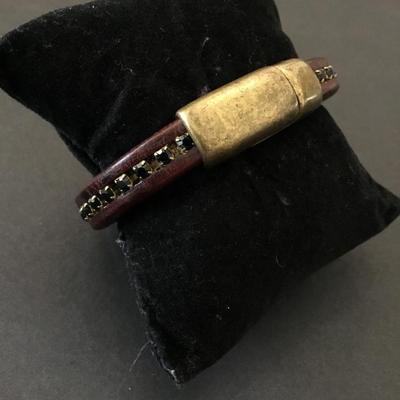 Leather, black, rhinestone, magnetic bracelet, bronze toned