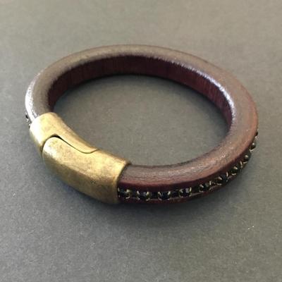 Leather, black, rhinestone, magnetic bracelet, bronze toned