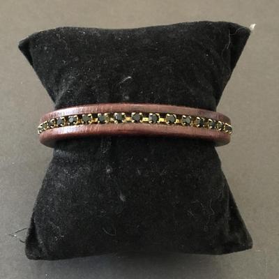Leather, black, rhinestone, magnetic bracelet, bronze toned