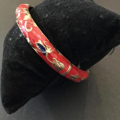 Vintage red enamel , bangle bracelet, gold tone