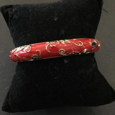 Vintage red enamel , bangle bracelet, gold tone