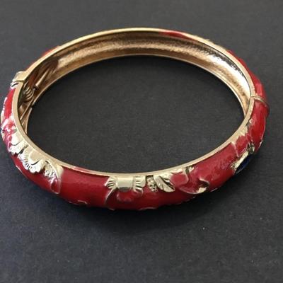 Vintage red enamel , bangle bracelet, gold tone