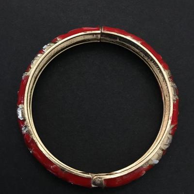 Vintage red enamel , bangle bracelet, gold tone