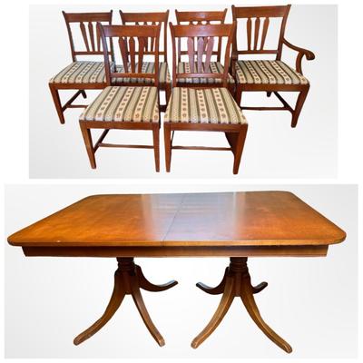 Vintage Solid Wood Dining Table with 6 Matching Chairs and Two Leaves