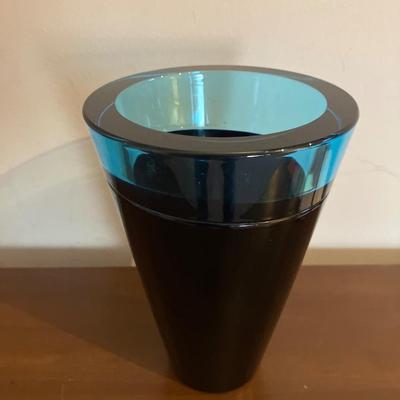 Signed Susaki Black Glass Vase with Turquoise Rim - 7" Modern Japanese Studio Art Piece