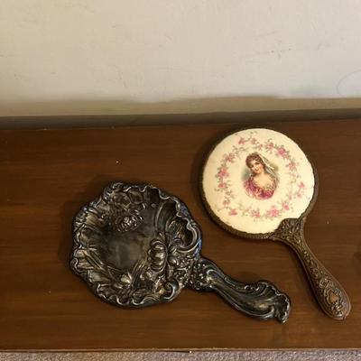 Antique Hand Mirrors - Silver & Porcelain with Portrait