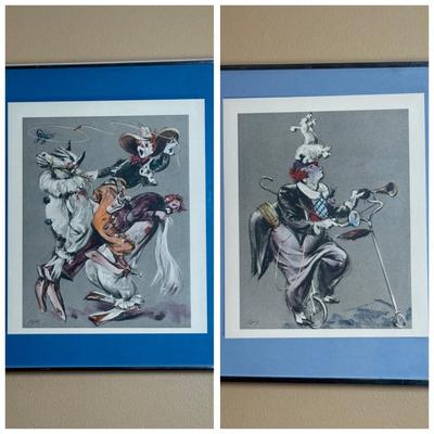 Pair of Mid-Century “Cydney” Circus Clown Framed Prints