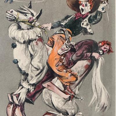 Pair of Mid-Century “Cydney” Circus Clown Framed Prints