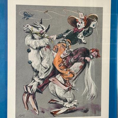 Pair of Mid-Century “Cydney” Circus Clown Framed Prints