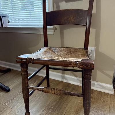 Sale Photo Thumbnail #92: Antique ladder back rush chair. 35x17