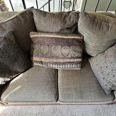 OLIVE GREEN LOVESEAT WITH CUSHIONS