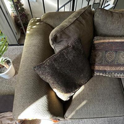 OLIVE GREEN LOVESEAT WITH CUSHIONS