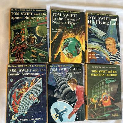 Sale Photo Thumbnail #102: 6 Tom Swift Books - 1950s and 60s
Flying Lab - 1954
Nuclear Fire - 1956
Space Solartron - 1958
Cosmic Astronauts - 1960
Megascope Space Prober - 1962
Subocean Geotron - 1966