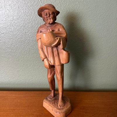 Hand-Carved Wooden Figure of Bearded Man with Hat
