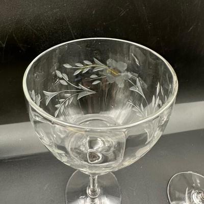Set of 5 Etched Glass Wine Goblets,