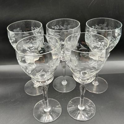 Set of 5 Etched Glass Wine Goblets,