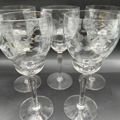 Set of 5 Etched Glass Wine Goblets,