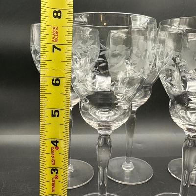Set of 5 Etched Glass Wine Goblets,