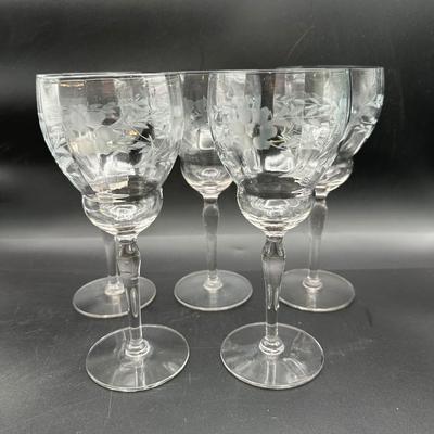 Set of 5 Etched Glass Wine Goblets,