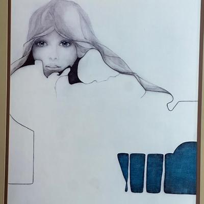 Vintage Christine Rosamond Lithograph "Blue Ice" Framed Portrait of Woman