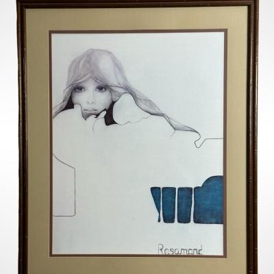 Vintage Christine Rosamond Lithograph "Blue Ice" Framed Portrait of Woman
