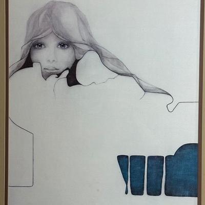 Vintage Christine Rosamond Lithograph "Blue Ice" Framed Portrait of Woman