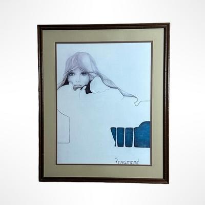 Vintage Christine Rosamond Lithograph "Blue Ice" Framed Portrait of Woman