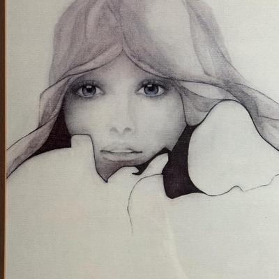 Vintage Christine Rosamond Lithograph "Blue Ice" Framed Portrait of Woman