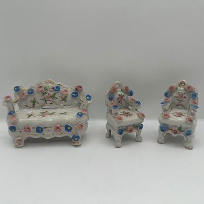 Vintage Porcelain Miniature Couch & Chairs - Occupied Japan Dollhouse Decor