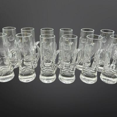 Set of 12 Etched Glass Cordial Mugs
