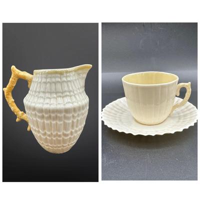 Belleek Ireland Basketweave Creamer & Cup and Saucer