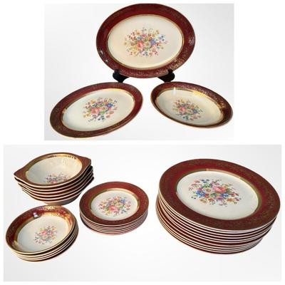 Salem Century Dinnerware Set, 23K Gold Encrusted, Red & Floral Pattern