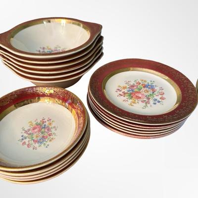 Salem Century Dinnerware Set, 23K Gold Encrusted, Red & Floral Pattern