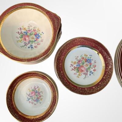 Salem Century Dinnerware Set, 23K Gold Encrusted, Red & Floral Pattern