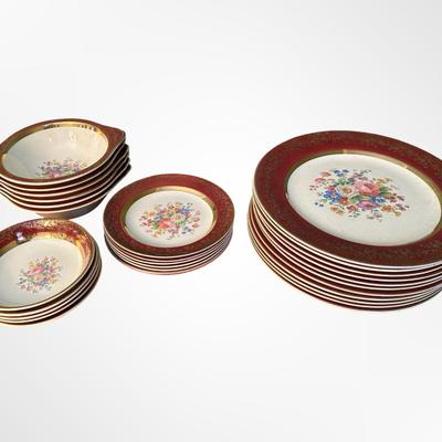 Salem Century Dinnerware Set, 23K Gold Encrusted, Red & Floral Pattern